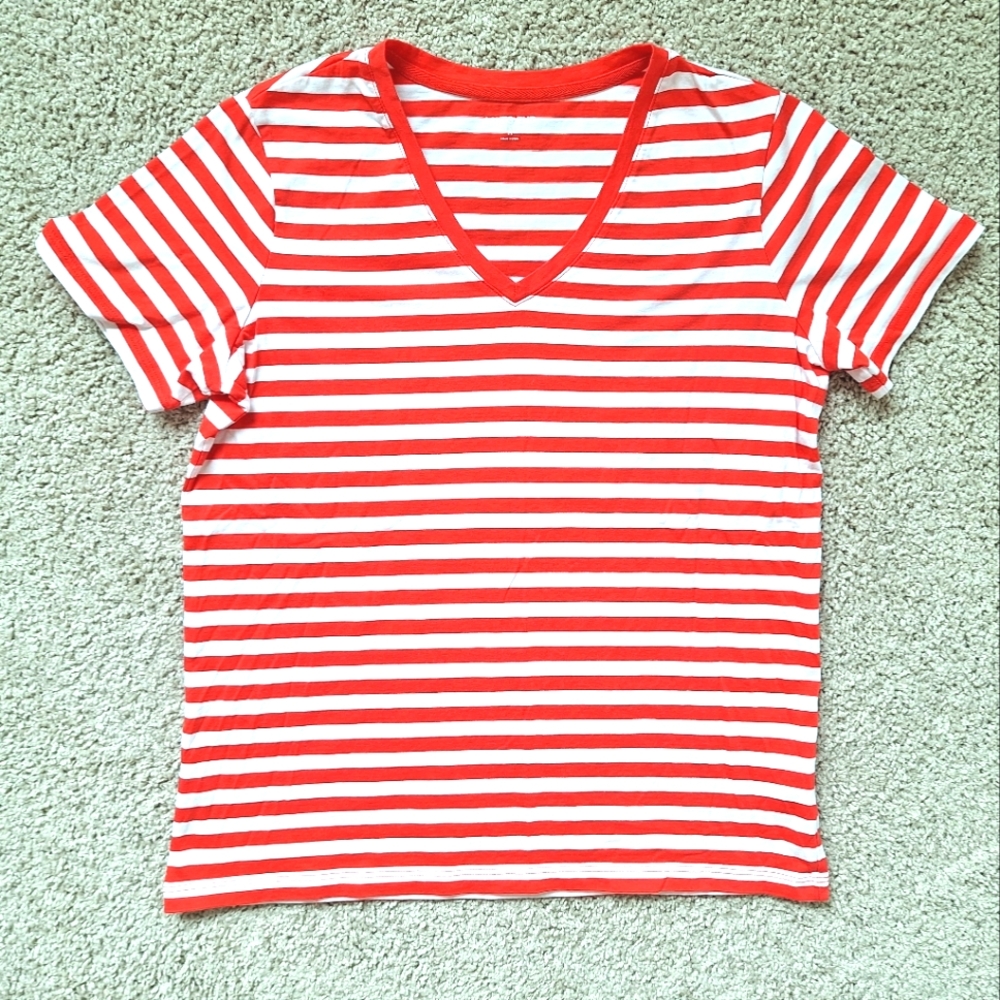 Lands End Women's Orange And White Striped Short Sleeved V-neck T-shirt - Small
